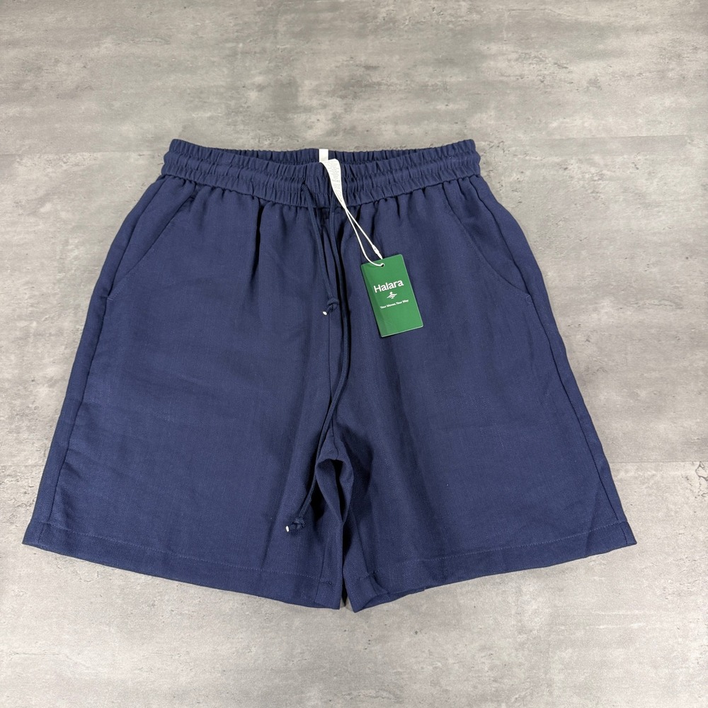Halara Shorts Womens L Navy Blue High Waisted Drawstring Linen-Feel Pockets